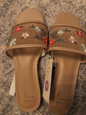 a new day Tan Floral Embroidered Slide Mules